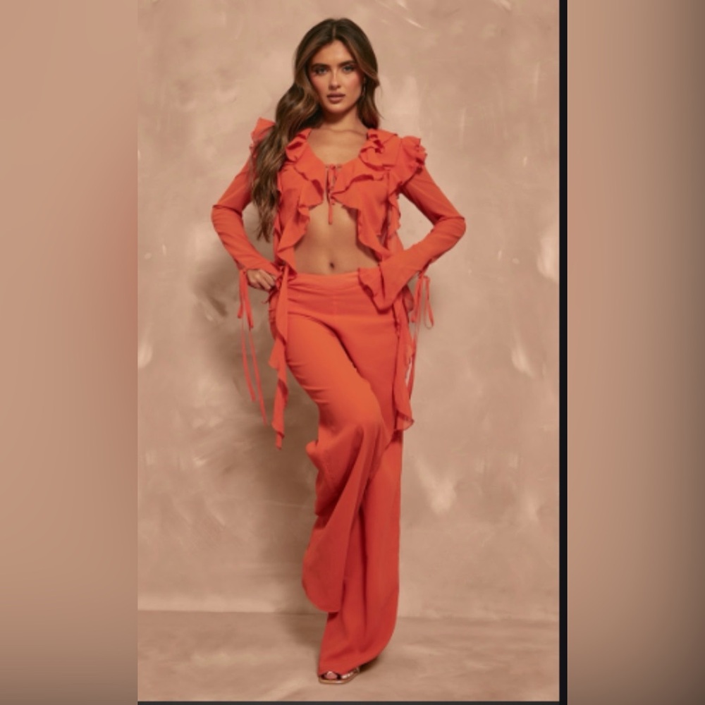 PrettyLittleThing Orange Ruffled Wide Leg set